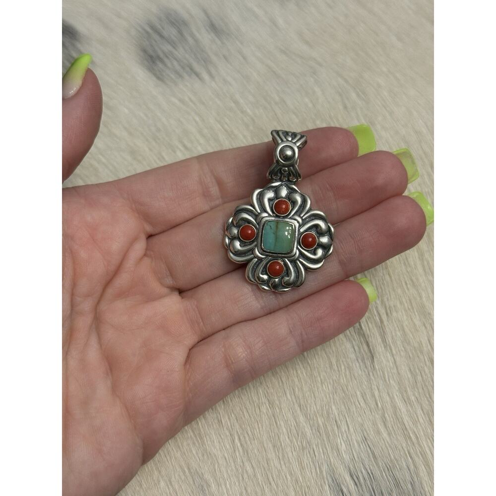 Native SW Sterling Silver MG Red Coral Green Turquoise Cross Pendant Concho